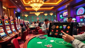 Thrilling scene of gamblers at a casino representing vt88, showcasing vibrant tables and betting excitement.