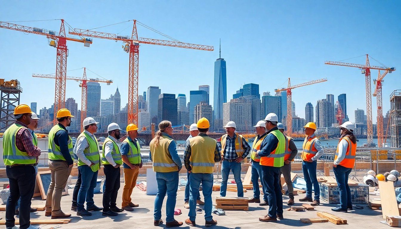 New York General Contractor team collaborating at a bustling construction site with city skyline.