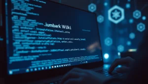 The hidden wiki interface displayed on a computer screen amidst digital symbols representing the dark web.