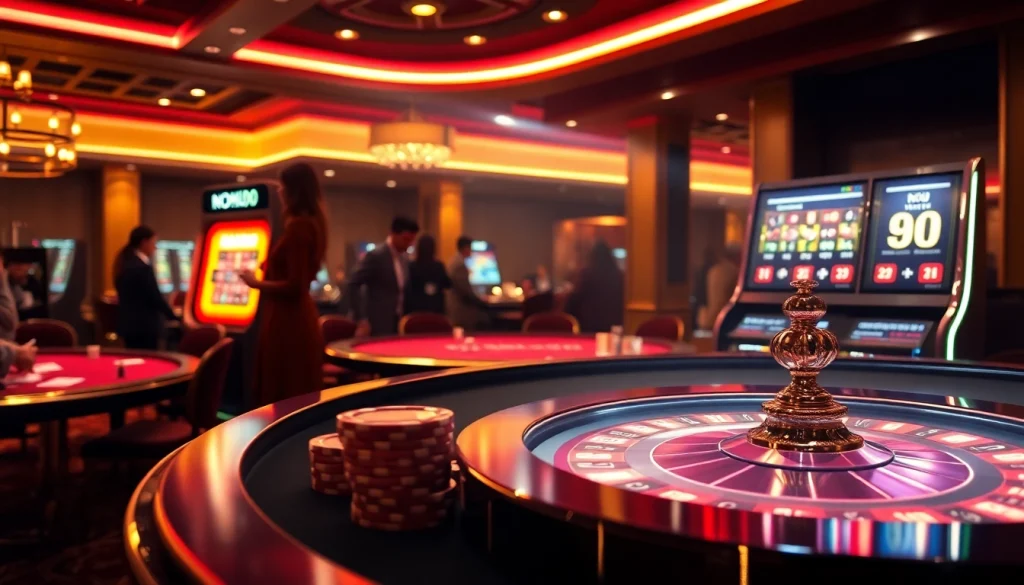 Engaging poker players at the NOHU90 casino table, surrounded by vibrant slot machines and elegant ambiance.