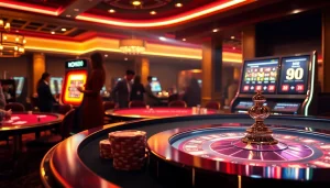 Engaging poker players at the NOHU90 casino table, surrounded by vibrant slot machines and elegant ambiance.