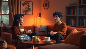 Engaging NSFW character AI scene with two interactive digital companions in a cozy setting.