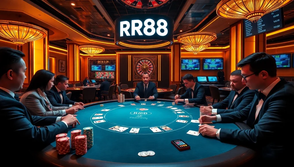 Players engage intensely at a luxurious poker table at RR88 casino, filled with excitement and strategy.