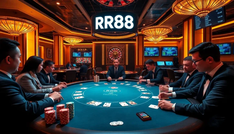 Players engage intensely at a luxurious poker table at RR88 casino, filled with excitement and strategy.