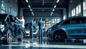 Shop offering a window tint gift card with professional technicians at work in a modern space.