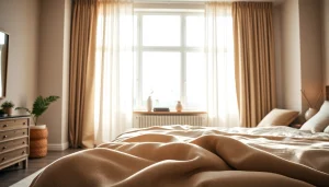 Verduisterende gordijnen geven een stijlvolle uitstraling aan een slaapkamer met een warme sfeer.