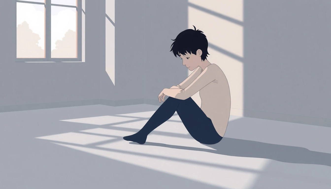 Understanding depression symptoms through a somber figure's expression and environment.