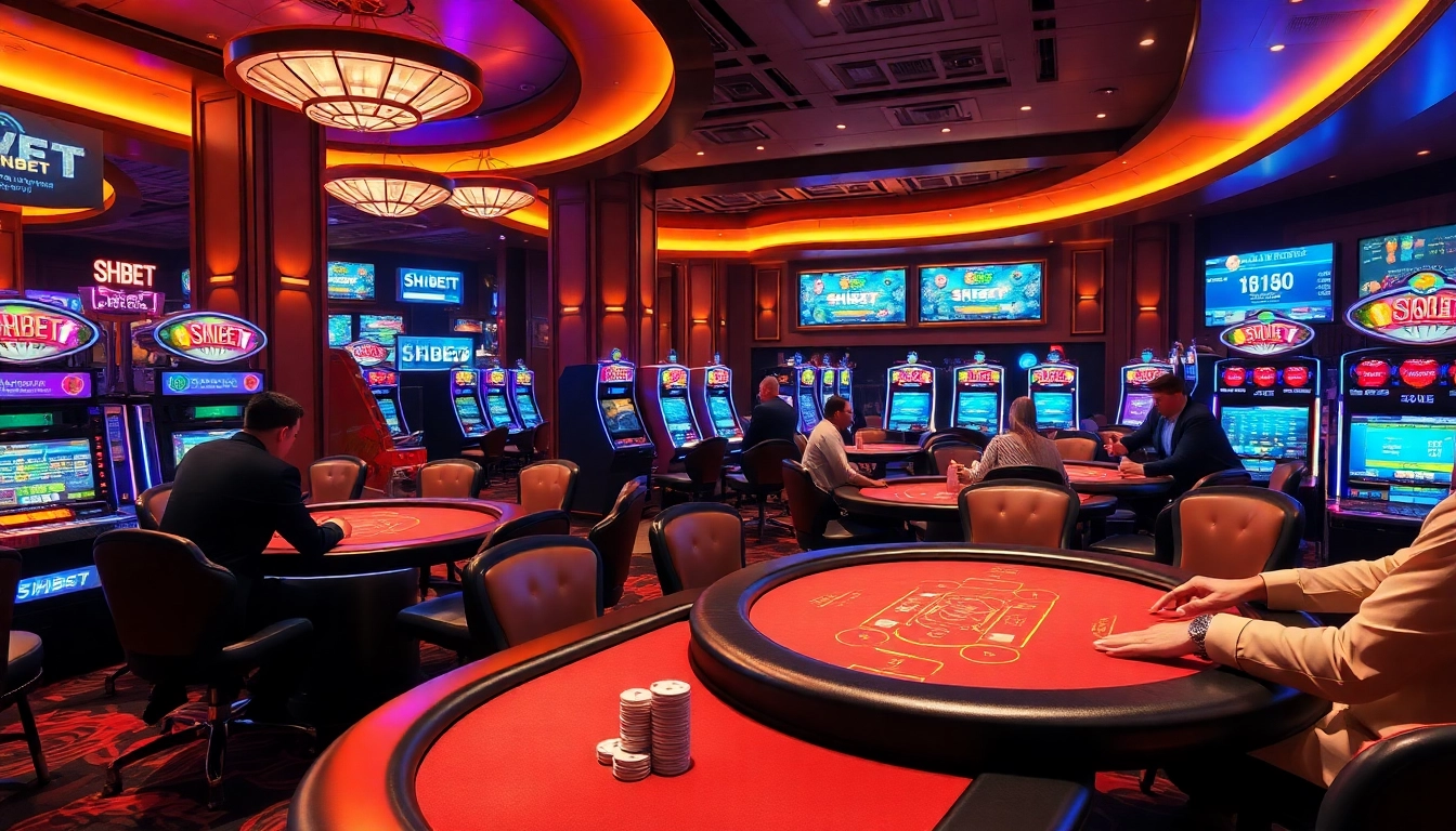 Engage with the thrilling gaming atmosphere at SHBET's elite casino, featuring poker tables and vibrant slot machines.