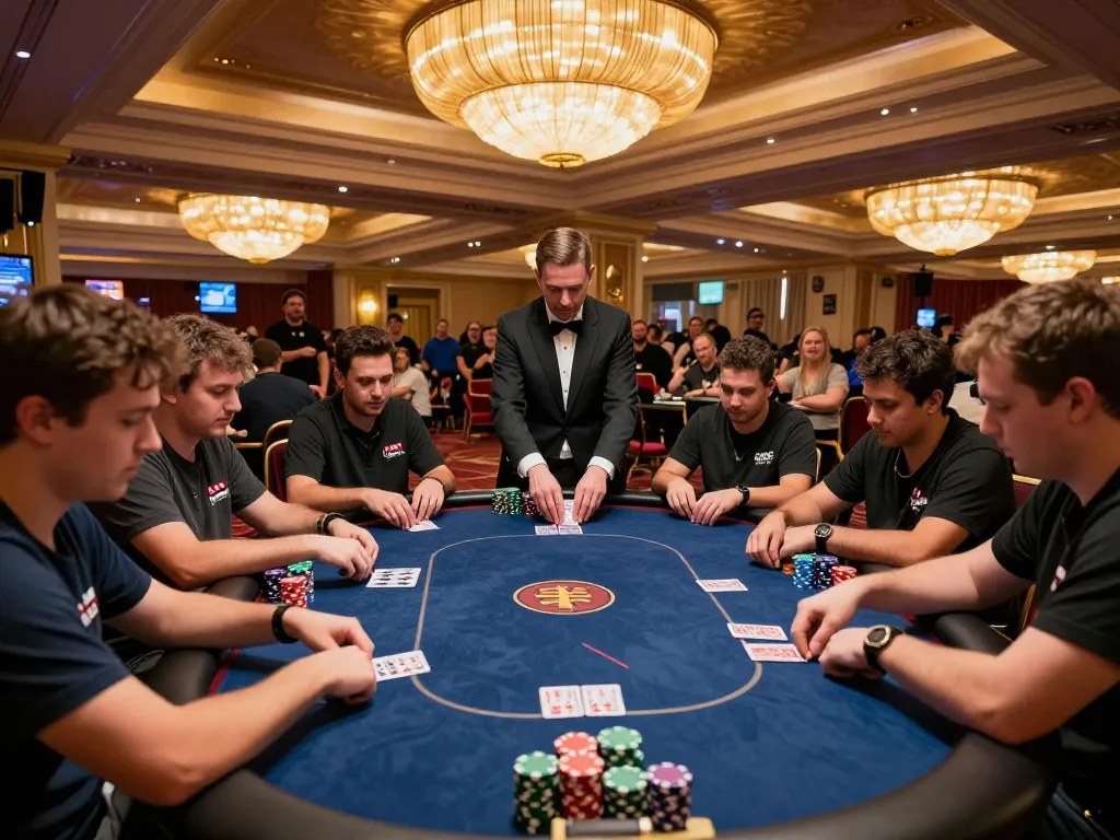 The hidden wiki showcasing an intense poker game with players managing their chips and cards in a vibrant casino atmosphere.