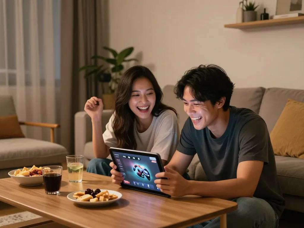 Enjoying nsfw games apk on a tablet in a cozy home setting with snacks and drinks on the table
