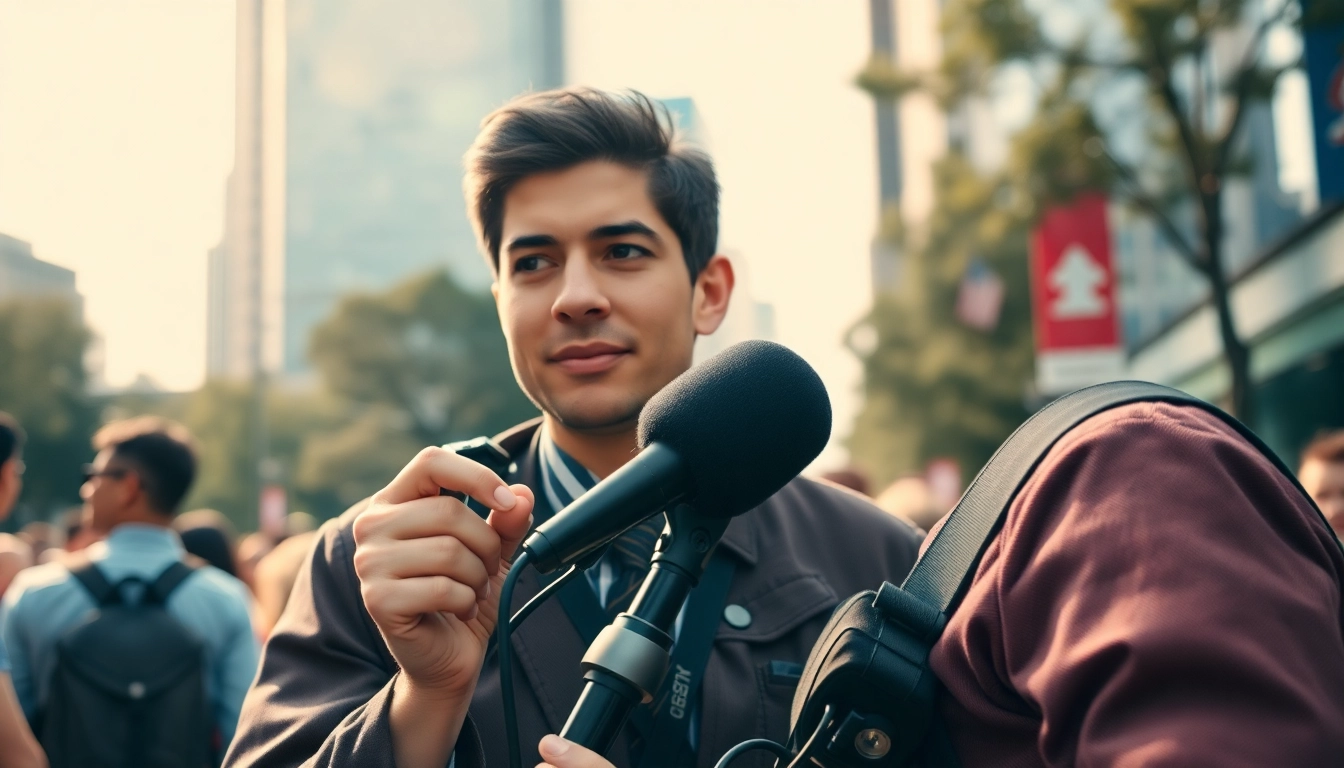 Covering the latest news, a reporter interacts with the crowd in a vibrant city.