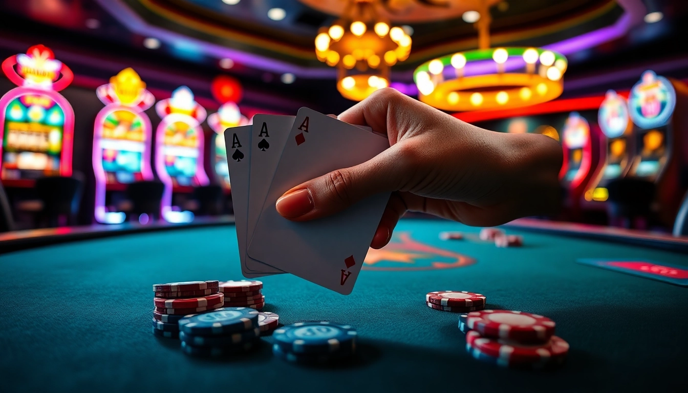 Pemain berfokus pada bbni4d dengan kartu poker as yang menang, menciptakan suasana kasino yang mewah.