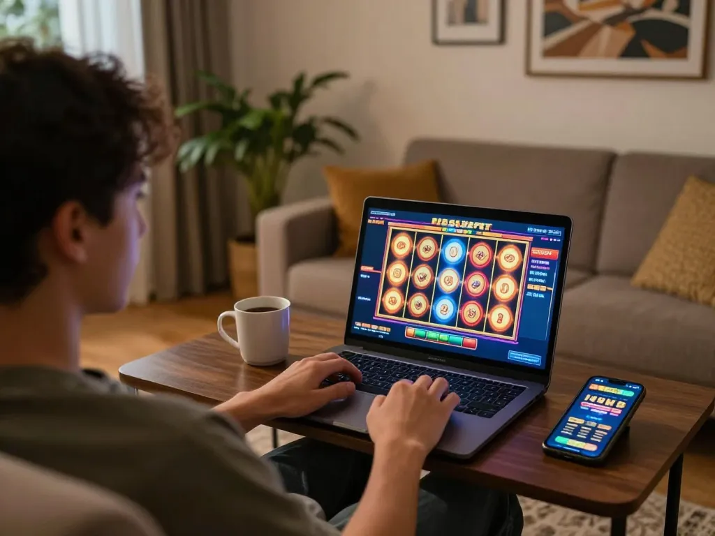 Player engaging with slot gacor sore ini on a laptop, surrounded by cozy home elements.