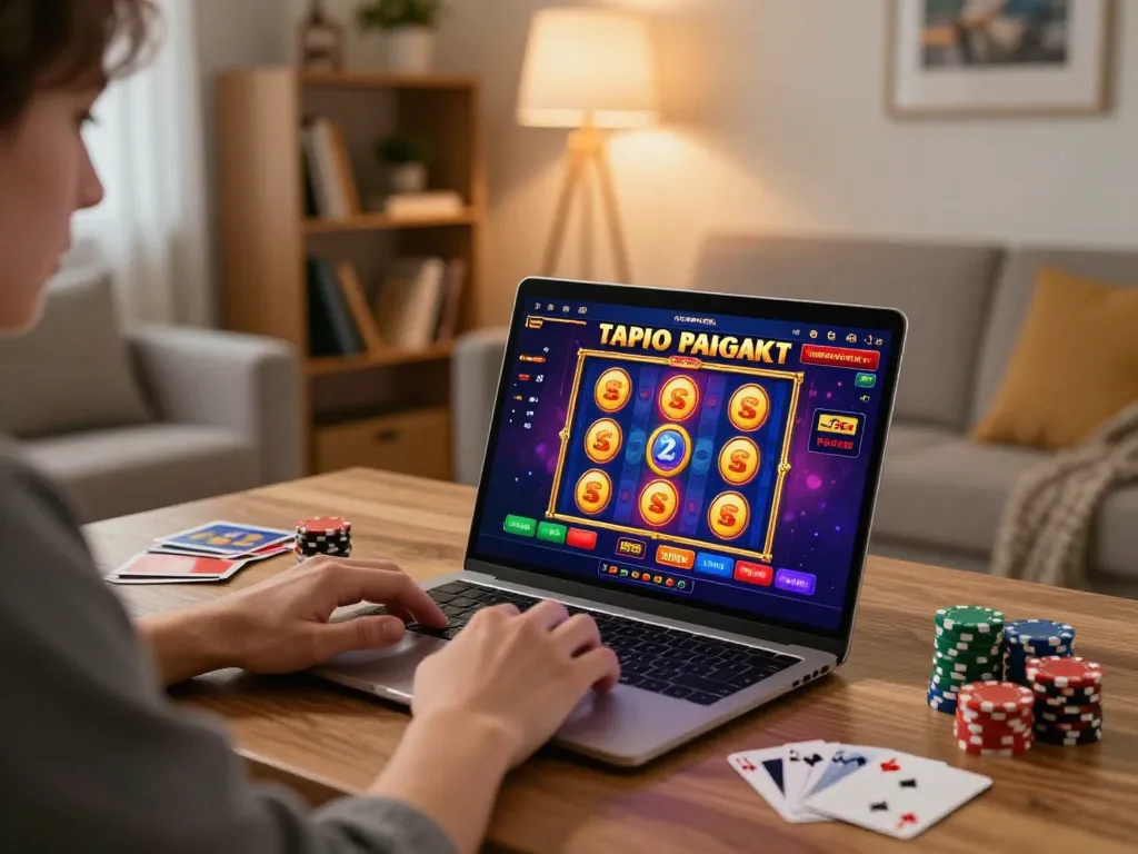 Engaged user playing slot gacor games on a laptop in a cozy home setting, emphasizing interactive online gaming.