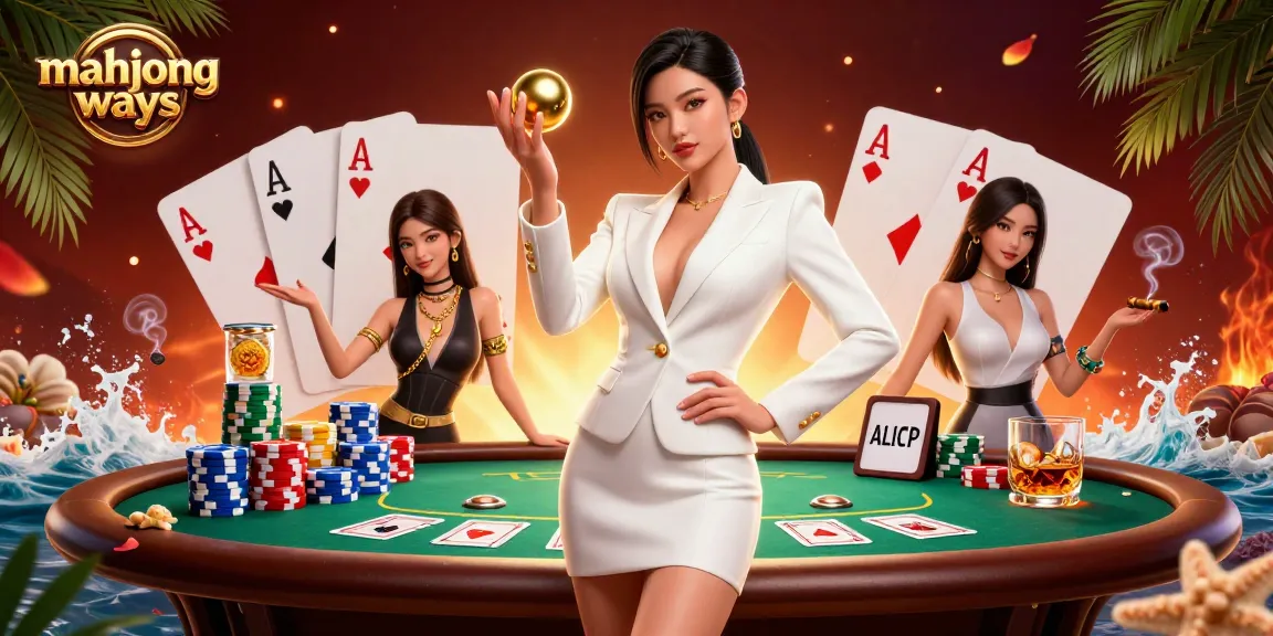 Experience mahjong ways with a stunning Asian woman in a casino, showcasing poker and luxury elements.