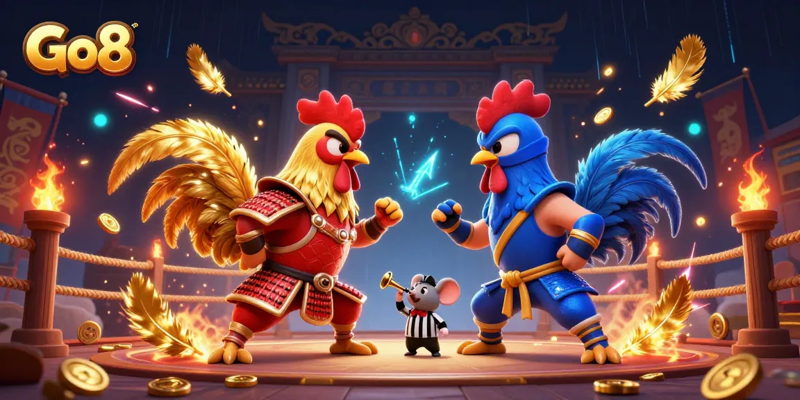 Engage with Go8's thrilling cockfighting showdown featuring samurai and ninja roosters in a dynamic arena.