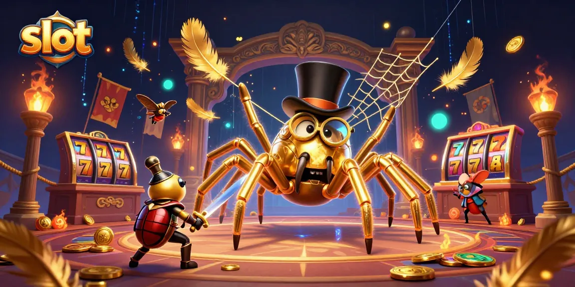 Experience thrilling slots action as a golden tarantula weaves its web in a vibrant casino scene.