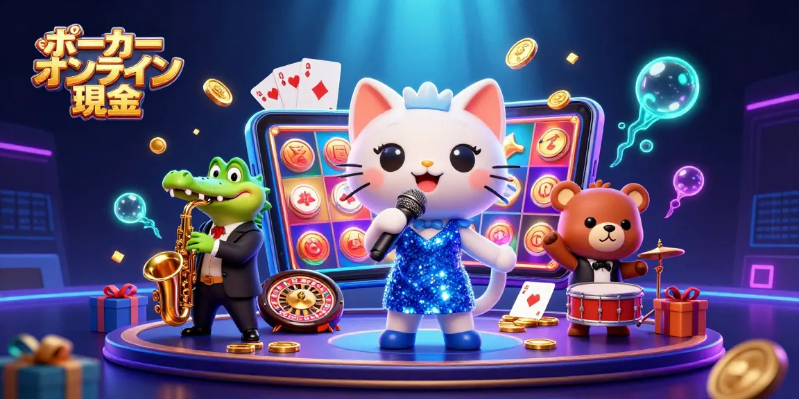 ポーカーオンライン現金で遊ぶ際、魅力的なキャラクターたちとゲームの楽しさを表現したイラスト。