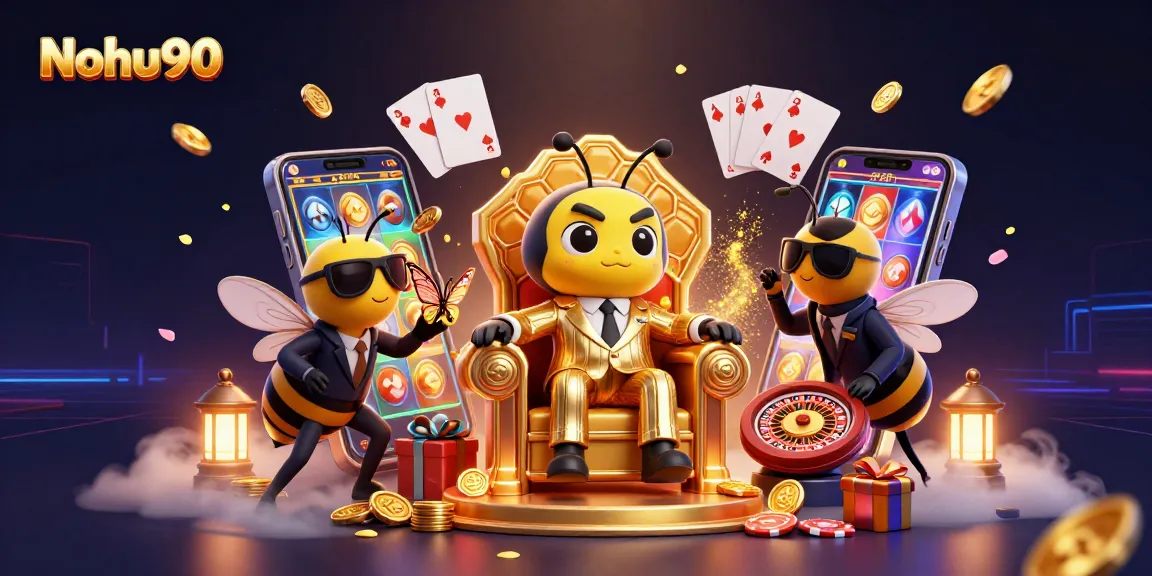 Nohu90 offers a thrilling casino experience with a vibrant slot game and colorful characters.