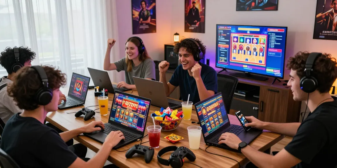 Group celebrating wins while playing slot gacor games in a modern home setup with vibrant lighting.