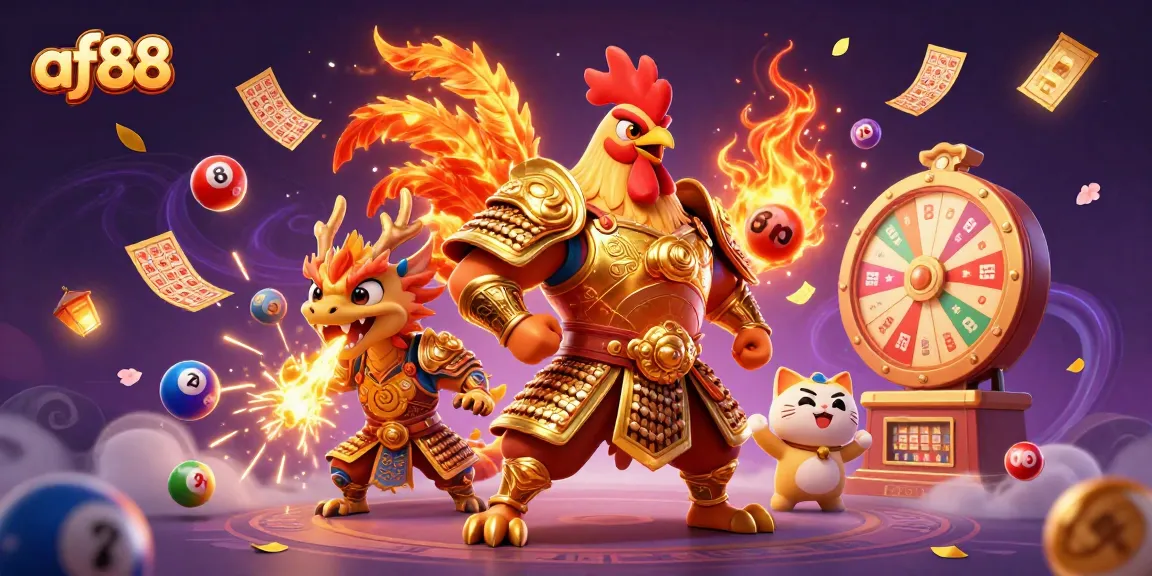 Experience the excitement of af88 with vibrant lottery elements and a fierce warrior in a dynamic casino scene.