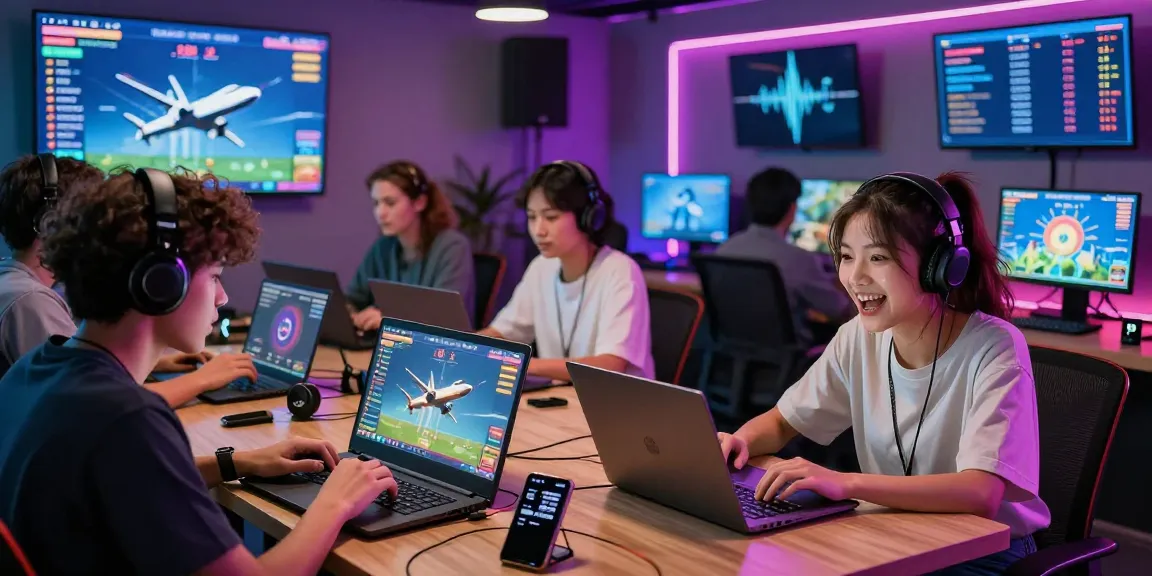 A diverse group enjoying the aviator game in a lively digital lounge with tech gadgets and colorful lighting.