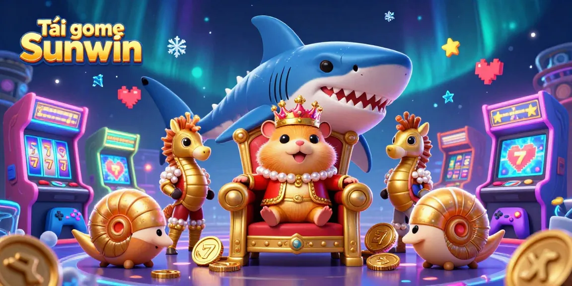 Tải game Sunwin with a golden hamster king surrounded by vibrant casino gaming elements.