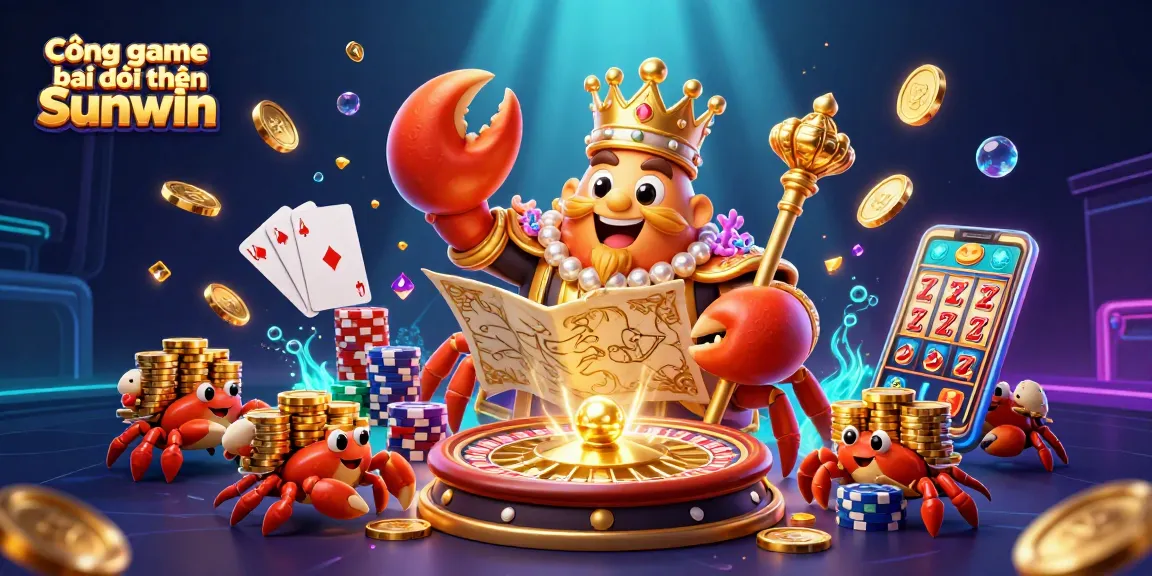 Cổng game bài đổi thưởng Sunwin features a golden crab emperor in a vibrant digital illustration filled with casino elements.