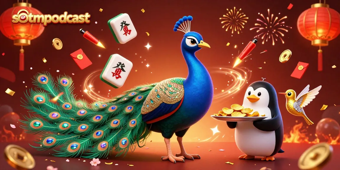 sotmpodcast menampilkan ilustrasi kasino dengan burung merak, penguin pelayan, dan kolibri, dikelilingi oleh elemen permainan yang meriah